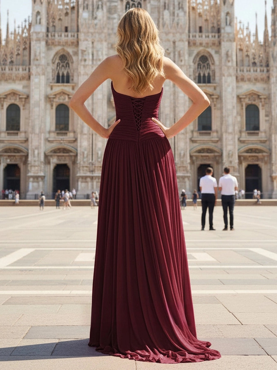 Burgundy floor length prom dress with lace-up corset back and flowing A-line skirt by Vedress